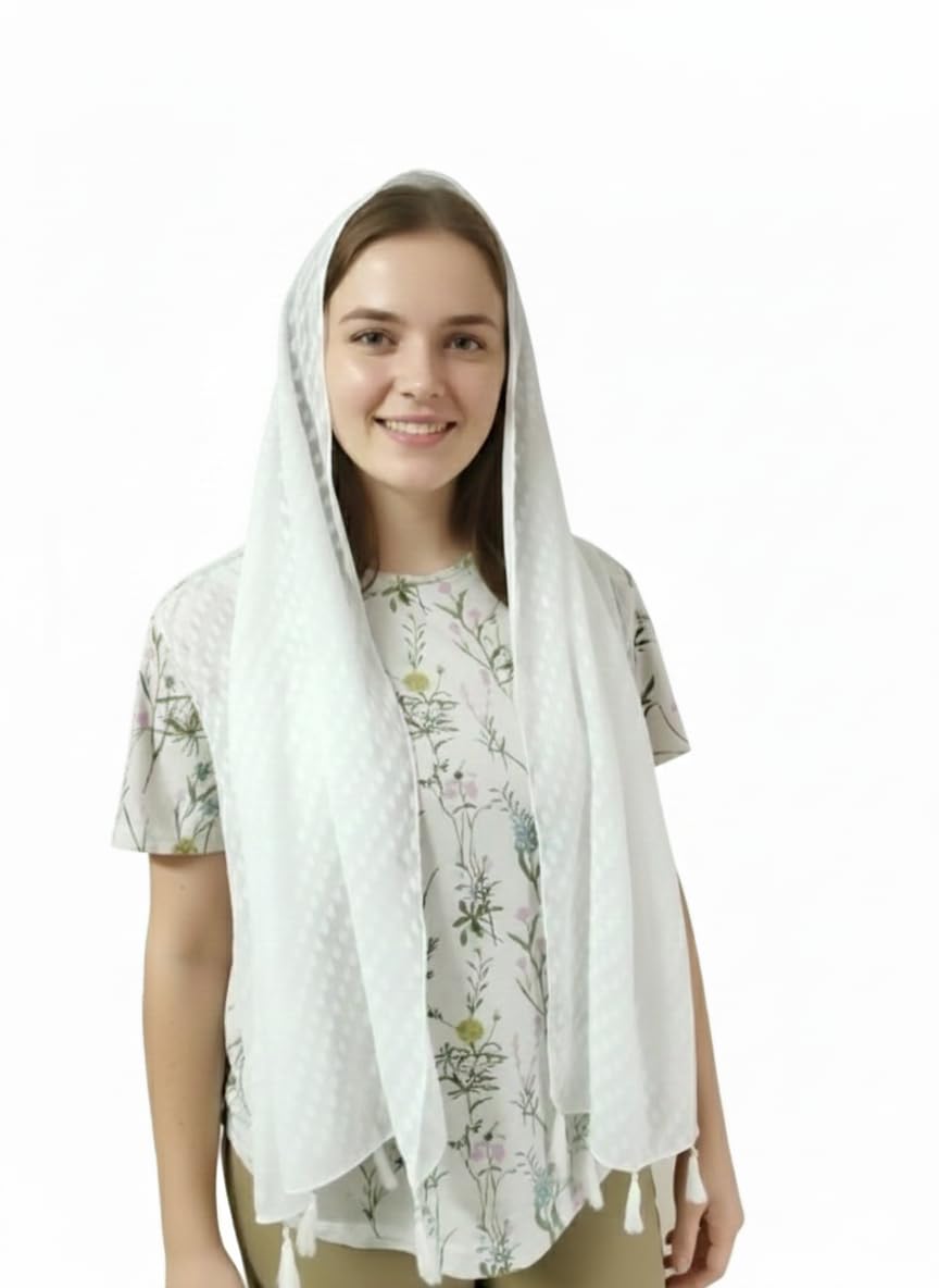 White Church Scarf, Long Chiffon Head Covering with Tassels, Traditional Catholic Style, One Size-image-8