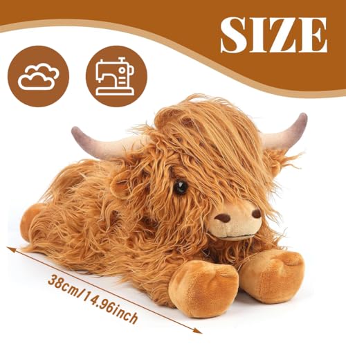 SYTTNUM Hochlandkuh Cow Soft Toy Plush Plüschtier Stofftiere Hochlandkuh Plushie Kuscheltier Kuh Plush Braun Hochlandkuh Cow Für Kinder Party Geburtstag 38cm