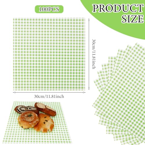 100 Pcs Waxed Paper Sheets 12 x 12 Inch Pastel Deli Paper Wraps Grease Resistant Food Basket Liners Checkered Square Sandwich Wraps for Burgers Bread Restaurant Barbecue Picnic (Green) - Image 4