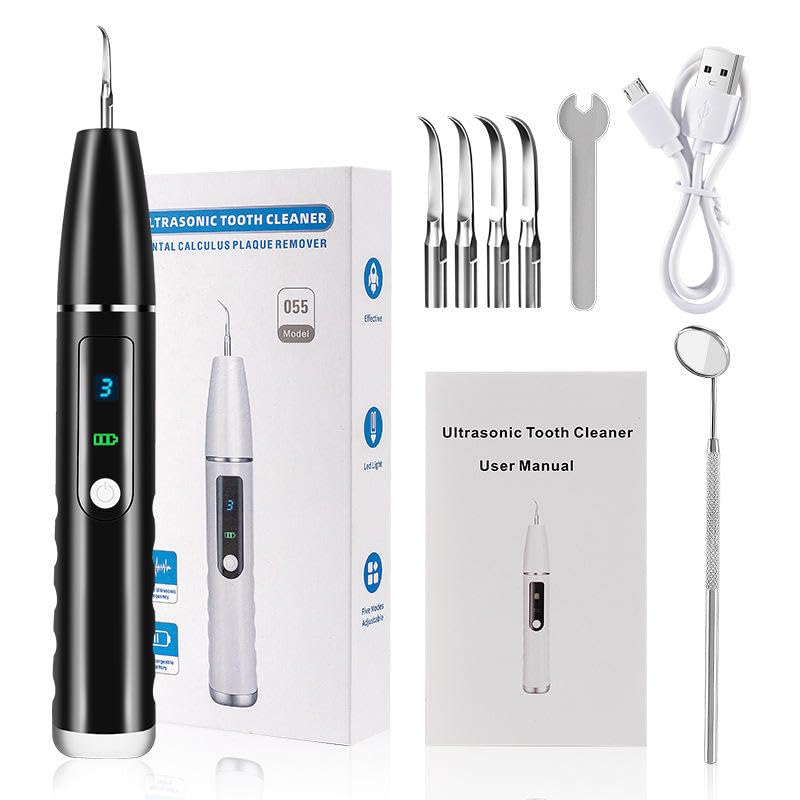 HANNEA® Teeth Whitening Kit Electric Tartar Remover with LED, Tartar Tooth Remover Cleaning Tool, 4 Replaceable Heads & 3 Modes Dental Care for Teeth Cleaning, Black