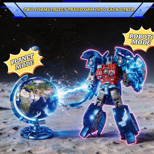Image of Blue Star Guardian Transformable Globe Robot - 2-in-1 Earth to Action Figure, 5.7 inch Globe / 7.9 inch Robot Mode, Removable Weapons & Shield, STEM Toy for Kids 6+ & Collectors, Creative Gift (Blue)