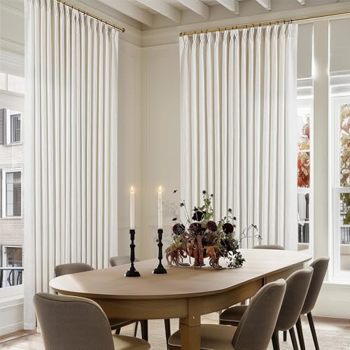 Image of Extra Wide Pinch Pleat Linen Curtains 108 Inches Long for Living Room Sliding Glass Door 100 Inch Wide Semi Sheer Curtain Cream Ivory Pleated Drape Hooks Rings 100x108 Large Window Curtain 1 Panel