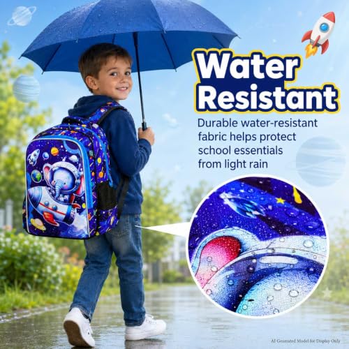 Image of UFNDC 3PCS Boys Elephant Backpack, Kids Space Bookbag with Lunch Box, Water Resistant Rocket School Bag for Elementary Preschool Toddler
