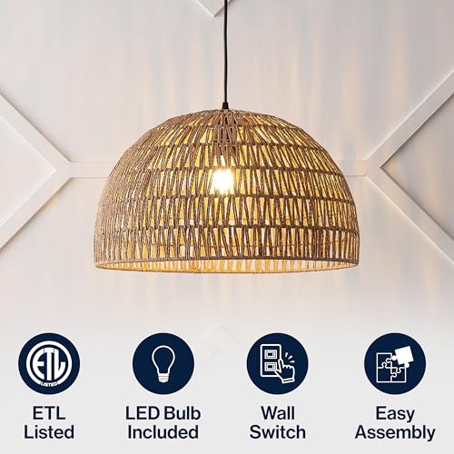 Image of JONATHAN Y 20 inch Brown Modern Bohemian Woven Rope LED Pendant Light Fixture, Adjustable Dome Ceiling Lamp for Kitchen Island, Rope Shade, Coastal Farmhouse Decor (JYL6504F)