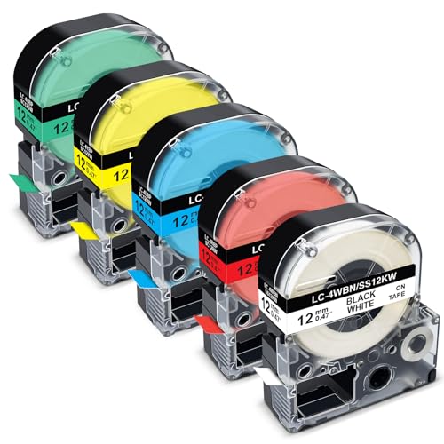Pristar Pacote com 5 fitas de etiquetas compatíveis com Epson 12 mm 1.2 cm LK-4WBN SS12KW LK-4LBP LK-4RBP LK-4YBW LK-4GBP Refil colorido para Epson LabelWorks LW-300 LW-400 LW-500 LW-600P LW-700 LW