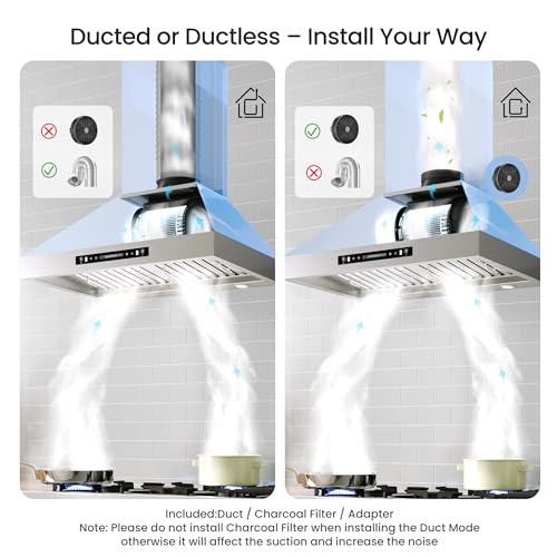 IKTCH 30-inch Wall Mount Range Hood 900 CFM Ducted/Ductless Convertible, Kitchen Chimney Vent Stainless Steel with Gesture Sensing & Touch Control Switch Panel, 2 Pcs Adjustable Lights(IKP02-30'')