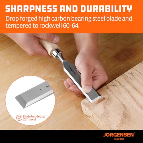 Image of Jorgensen 4-Piece Wood Chisel Set, Chromium Alloy Steel Beveled Edge Wood Chisels, Wood Chisels for Woodworking, Ergonomic Hardwood Handle with Metal Ferrule, 1 /4 inch, 1 /2 inch, 3 /4 inch, 1 inch
