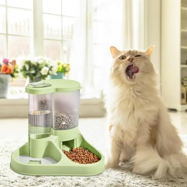 Image of Dog Bowl, 2 in 1 Automatic Cat Food and Water Bowl Set with Water Dispenser and Stainless Steel Bowl for Cats and Small Dogs Automatic Water Feeder Water Drinker (Green)
