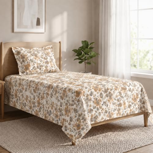Image of LANE LINEN 100% Cotton Printed Single Size Bedsheet - Mustard Grey | OEKO-Tex Certified, Botanical Print, Fade-Resistant & Wrinkle-Free, Breathable Cotton, Includes 1 Pillow Cover