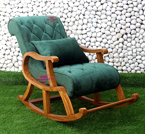 Image of CRAFTCITY Rocking Chair |Sheesham Wood Elegant Rocking Chair with Pillow and Matching Foot Stool and Pre assembeled (Peacock Green)