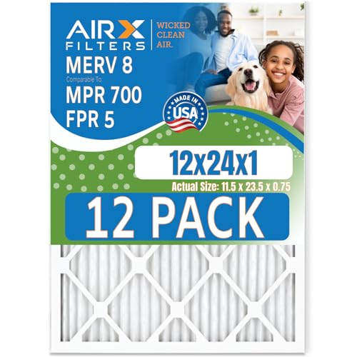 12x24x1 Air Filter MERV 8 Rating, 12 Pack of Furnace Filters Comparable to MPR 700 & FPR 5 - Made in USA by AIRX FILTERS WICKED CLEAN AIR.