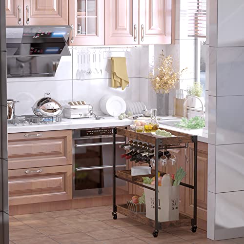 Sykit Bar Cart,3-Tier Coffee Bar On Wheels With 10-Bottle Wine Rack And Glass Holder And Removable Tray,Industrial Serving Cart For The Living Room, Kitchen (Rustic Brown) #TOP1