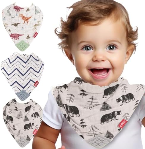 Nuby Reversible 100% Natural Cotton Muslin 3 Piece Dinosaur/Bear/Stripes Teething Bib, Green/Grey/Blue