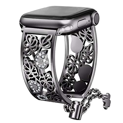 Secbolt Hollowed-out Bling Bands Compatible Apple Watch Band 38mm 40mm iWatch Series 6 5 4 3 2 1 SE Diamond Rhinestone Stainless Steel Cuff Bracelet Jewelry Bangle, Black