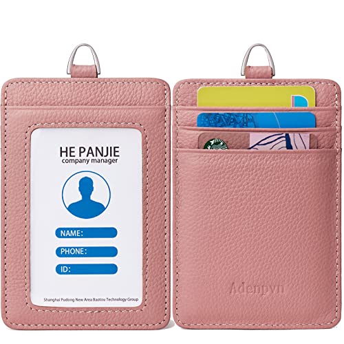 Cow Leather ID Badge Holder with Lanyard(Full Grain Leather,3"*4.5"),1 Clear ID Window and 3 Card Slots,Nylon Neck Lanyard with rotatable and Removable Metal Clasp,Vertical Name Badge Holders