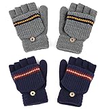 F Flammi Kids Winter Knitted Mitten Gloves Convertible Fingerless Gloves with Cover for Teen Boys Girls Aged 5-10, 2 Pairs