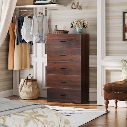 Image of WLIVE Tall Dresser for Bedroom, Wood Chest of Drawers with Mental Handles, Brown Bedroom Dresser with 5 Drawers, Modern Minimalist Closet Store Organizer for Living Room, Hallway