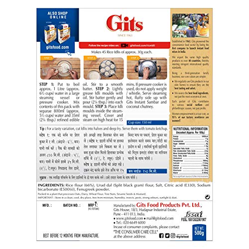 Image of Gits Instant Rice Idli Breakfast Mix, Makes 45 Per Pack, Pure Veg, Authentic South Indian Breakfast Recipe, 500g (Pack of 2)