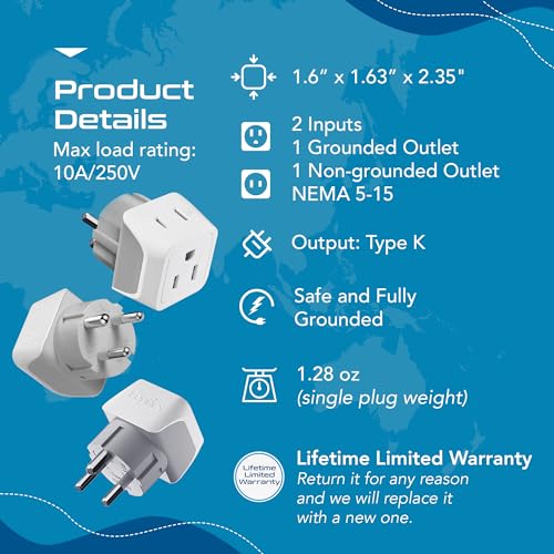 Image of Ceptics Denmark Travel Adapter Plug with Dual Usa Input - Power - Type K (3 Pack) - Ultra Compact - Safe Grounded Perfect for Cell Phones, Laptops, Camera Chargers and More (CT-20)