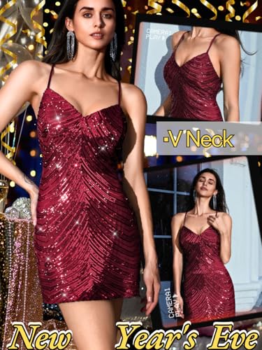 Image of Kaei&Shi Sequin Mini Dress,V Neck Spaghetti Strap Sparkly Prom Dresses for Women,Sexy Birthday Outfit HOCO Cocktail Nye Party