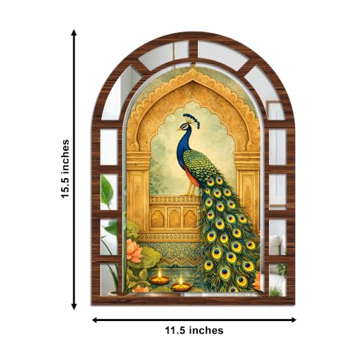 Image of Artvibes Traditional Arch Peacock Theme Decorative Wall Hanging | Jharokha Mirror for Living Room, Bedroom, Hall, Foyer, Dining Room, Office & Entrance | Gift (WHJ 12037N), Set of 2