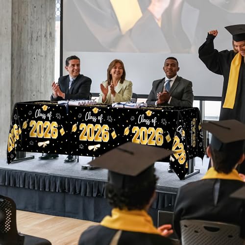 Image of QZYL 4 Pack Graduation Decorations, 54 inch x 108 inch Black and Gold Rectangle Graduation Table Cloths, Plastic Tablecover for College Congrats Grad, Disposable Grad Party Decorations for Class of 2026