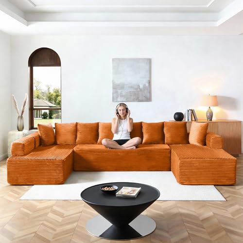 Image of Oversized Cloud Boneless Couch with Chaise, 145 inch Modern U Shape Modular Deep Seat Sectional Sofa, Comfy Corduroy Upholstered Couches for Living Room, No Assembly Required, Orange