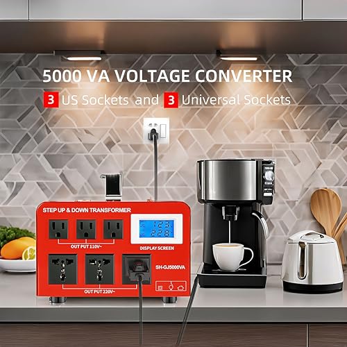 Image of SUNSHUN Step Down Transformer 220V to 110V 5000W Step Up Voltage Converter 110V to 220V Heavy Duty Power Transformer with 3 US Outlets and 3 Universal Outlets LCD Display, Circuit Breaker Protection
