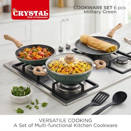 Image of Crystal Aluminum 6 Pcs Non Stick Cookware Set with Induction Bottom | Tawa, Fry Pan, Kadhai with Lid, Laddle & Spatula | Durable 4 Layer Non Stick Coating | Military Green