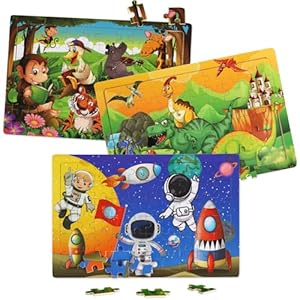 Wooden Puzzles Toys for Kids Ages 4-6, Set of 3 Packs with 60-Piece Wood Jigsaw Puzzles, Dinosaur, Animal and Space Theme. Ideal Gifts for Boys and Girls 3 4 5 6 7 8 Years Old