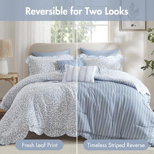 Image of Madison Park Reversible Botanical Comforter Set, 5PC King Bedding Set | Summer Floral Print Bed Set with Scalloped Edges, Lightweight Bedding with Decorative Pillows, Blue