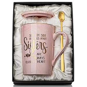 Sister Gifts – Sister Birthday Gifts Christmas Birthday Gift for Soul Sisters, 14Oz Pink Marble Ceramic Gold Print Coffee Mug with Spoon Lid Card, Nice Box
