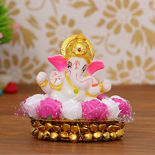 eCraftIndia Lord Ganesha Idol On Decorative Handcrafted Plate with Pink and White Flowers