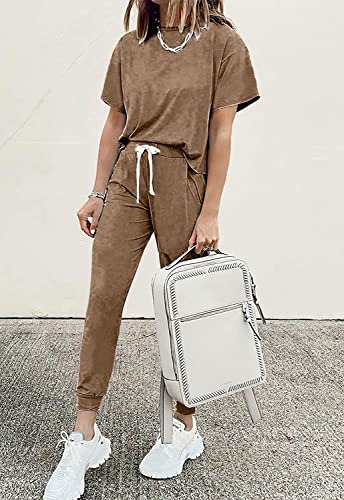 Image of PRETTYGARDEN Women Summer Two Piece Outfits Striped Short Sleeve Pullover and Long Pants Tracksuit Travel Pajama Lounge Set