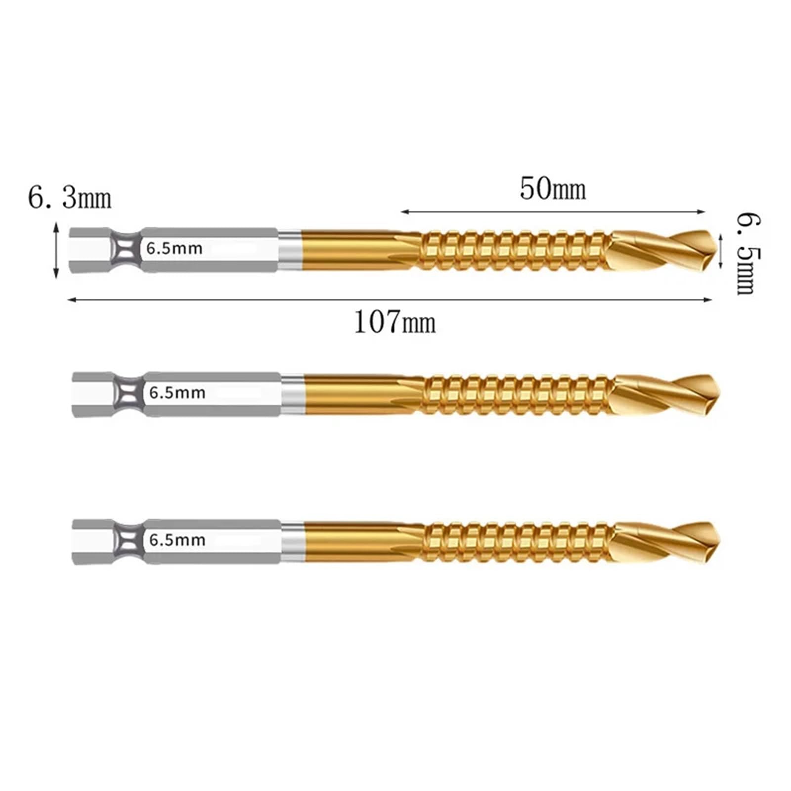 3/6 Stück HSS Spiralbohrer mit Sechskantschaft, Gewindebohrer zum Schneiden von gezackten Nuten, Spiralbohrer für Holz, Metall und Kunststoff (3 Stück 6,5 mm)