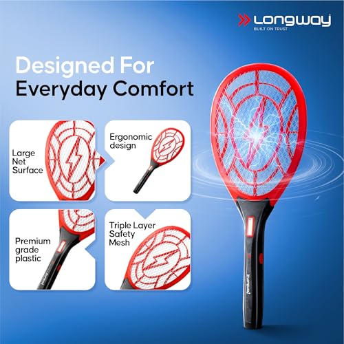 Image of Longway Zappy Rechargeable Mosquito Killer Racket Built in COB Light | 3500V DC Voltage on The Net Mesh| Mosquito Bat | 1 Month Stand by 500mah Long Lasting Internal Battery (Black)