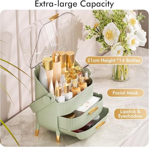 Image of JIALTO Storage Box, Organiser for Makeup & Skincare, Large Makeup Organizer with Dustproof Cover & Drawers, Cosmetic Storage for Dressing Table, Bathroom Vanity Organizer for Lipsticks Perfumes