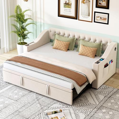 Sofá Cama Acolchado con Cama Nido, 90/180*190 cm, con Puerto de Carga USB, Almacenaje Integrado en los Reposabrazos, Bolsillos de Almacenamiento, Somier de Láminas, Tejido de Terciopelo, Beige/Gris