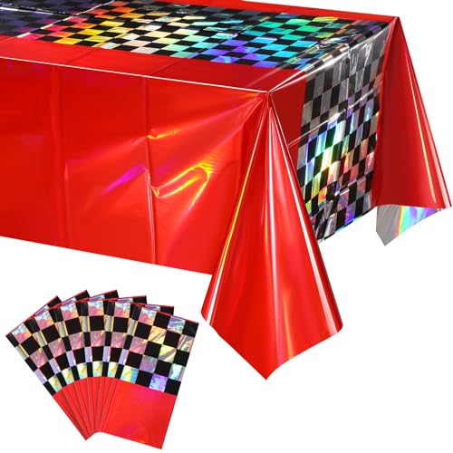 Image of 6Pack Iridescent Race Car Plastic Tablecloth, Disposable Shiny Laser Red and Black Checkered Table Cloth, Holographic Foil Rectangle Tablecloth for Race Car Boys Birthday Party Decorations, 54x108Inch