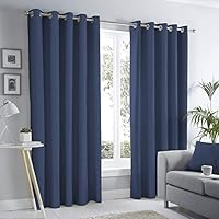 Fusion Sorbonne-100 Pair of Eyelet Curtains, 100% Cotton, Navy, Width x 90" Drop (229 x 229cm)