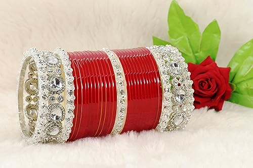 Red Acrylic Chuda Set Bridal AD Diamond Wedding Chura Punjabi Bangles