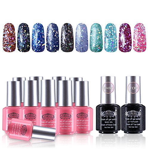 Perfect Summer Gel Nail Polish 10 Colors Nail Lacquers + 2 Clear Base Coat and Top Coat Gel Dual Sets Nails Painting Art UV LED Soak Off 12 PCS Starter Kit #21