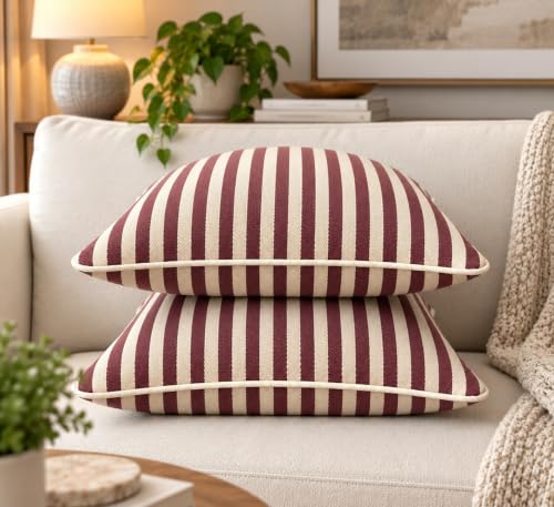 Image of 100% Cotton - Wine /Maroon Stripes Cushion Covers Set of 5 (16 x 16 inches) - Cushion Covers for Sofa & Living Room Decor