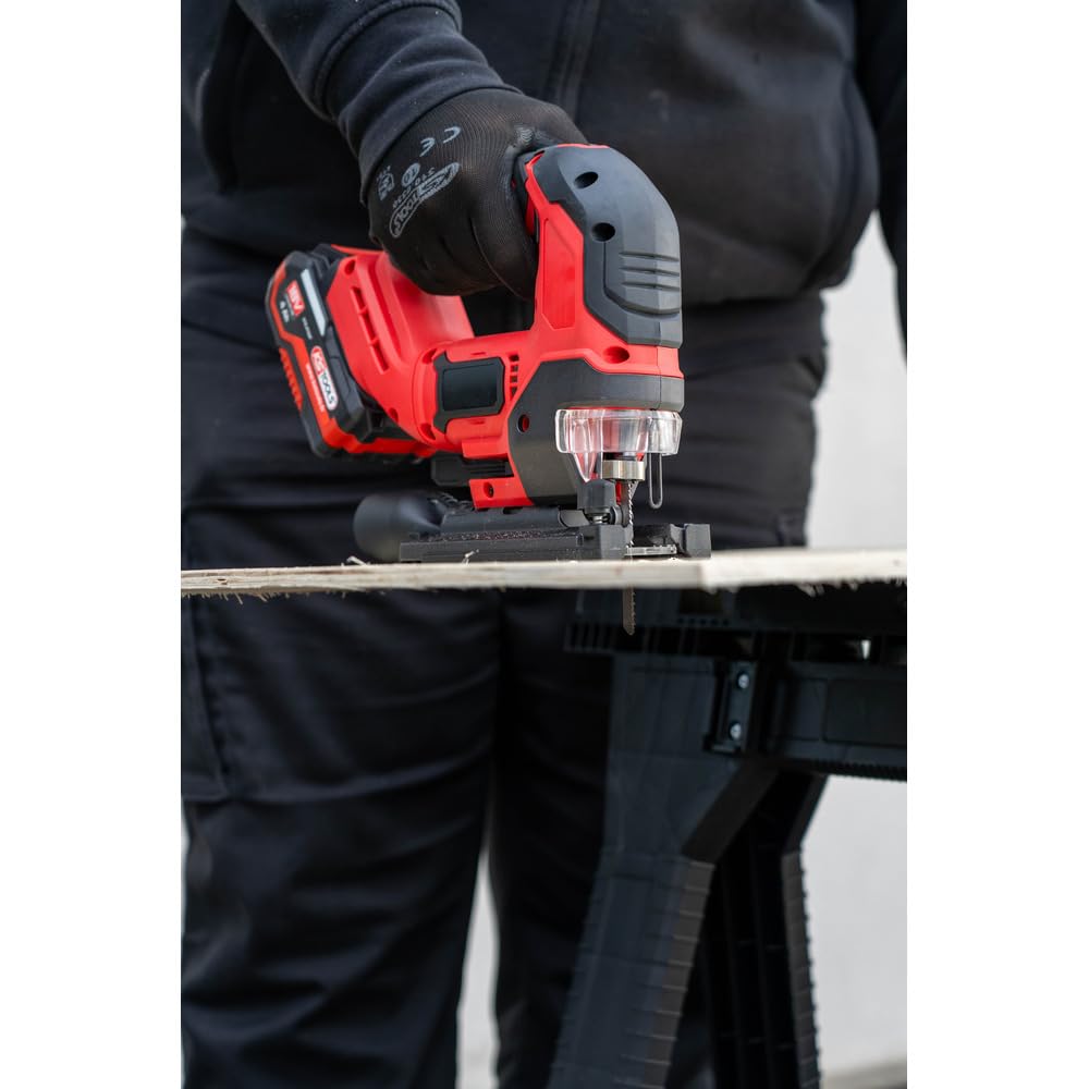 KS Tools - 515.4780F - Sega senza fili 18 V Brushless in scatola con 2 batterie 4 Ah e caricatore - Movimento a pendolo a 4 posizioni - Sega professionale legno metallo alluminio