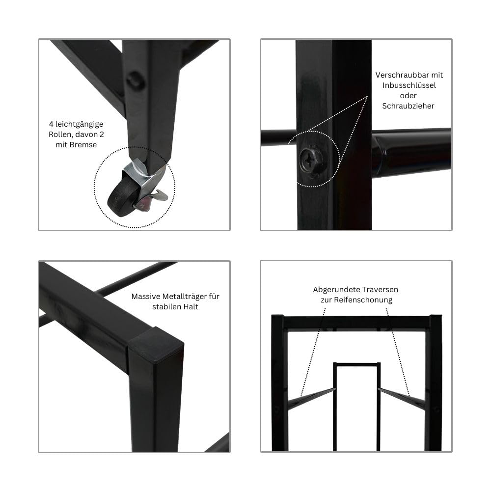 PROREGAL Carrero Étagère à pneus sur roulettes H x l x P 115 x 111 x 40 cm pour jusqu'à 8 pneus sur 2 niveaux Noir Porte-pneus avec roues Étagère de garage Étagère d'atelier Étagère de cave pour pneus