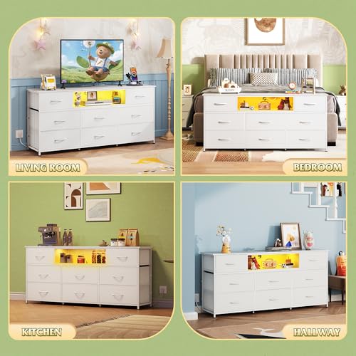 Image of WLIVE LED Dresser TV Stand for 65 Inch TV, 8 Drawers, White | Fits TVs up to 65 inch, 8 fabric drawers, LED chest of drawers, Built-in power outlet, Living room or bedroom