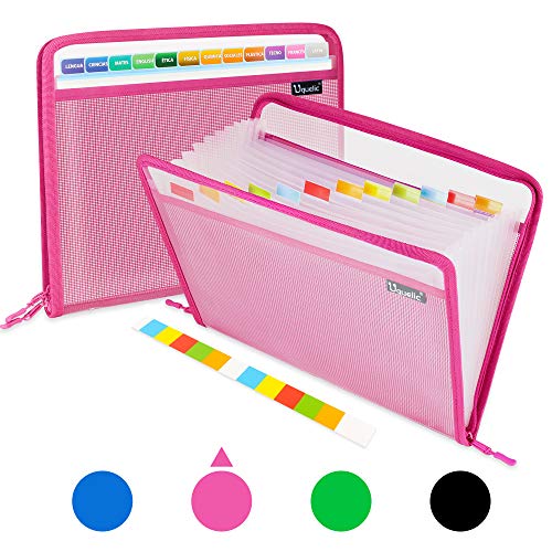 Uquelic 13 Pocket Zip Expanding File Folder, A4 Waterproof Vinyl Document Mesh Organizer Bag Letter Size Zipper Envelope Pouch Plastic Accordion Paper Filling Storage Folders with Label,1 Pack (Pink)