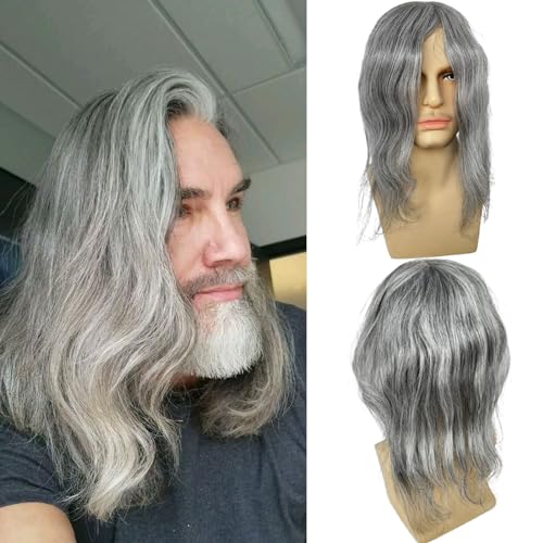 Voloria Swiss Full Lace Men’s Toupee Real Human Hair 1B Mixed 80% Grey Synthetic Hair Replacement for Men Hairpiece 12inch Long Hair