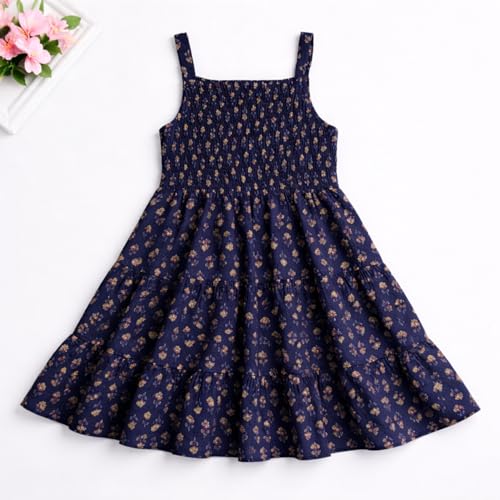 Image of The Magic Wand Kids Girls Printed Cotton Summer Dresses, Knee Length Sleeveless Casual Western Stylish One Piece Fit & Flared Frock for Beach & Vacations