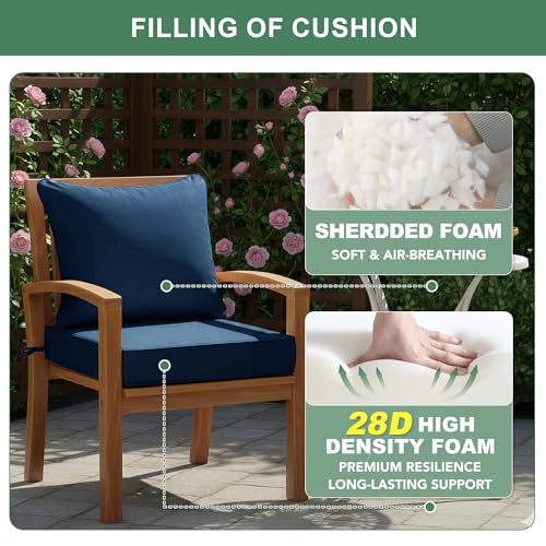 Image of Summsun Outdoor Chair Cushions, Faux Linen Backrest and Deep Seat Cushion Set for Patio Furniture with Weather Resistant Removable Cover, Ties, Non-Slip Bottom, 24 x 24 Inch, Navy, Set of 2
